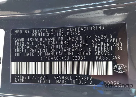 2025 Toyota Camry Se из США, поврежденный, VIN 4T1DAACKXSU132384